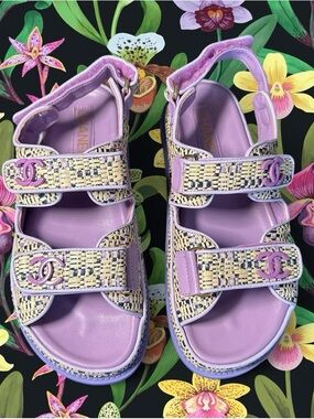 CHANEL Lilac Woven-Trim Sandals